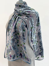 Load image into Gallery viewer, Hand-Painted Devoré Velvet Scarf — Hummingbirds in Branches in Silver Gray
