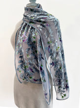 Load image into Gallery viewer, Hand-Painted Devoré Velvet Scarf — Hummingbirds in Branches in Silver Gray
