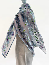Load image into Gallery viewer, Hand-Painted Devoré Velvet Scarf — Hummingbirds in Branches in Silver Gray
