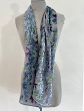 Load image into Gallery viewer, Hand-Painted Devoré Velvet Scarf — Hummingbirds in Branches in Silver Gray
