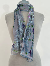 Load image into Gallery viewer, Hand-Painted Devoré Velvet Scarf — Hummingbirds in Branches in Silver Gray
