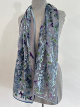 Load image into Gallery viewer, Hand-Painted Devoré Velvet Scarf — Hummingbirds in Branches in Silver Gray

