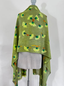Hand Painted Silk Gingko Leaves Scarf/Wrap in Olive Green