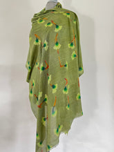 Load image into Gallery viewer, Hand Painted Silk Gingko Leaves Scarf/Wrap in Olive Green
