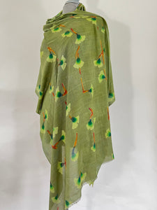Hand Painted Silk Gingko Leaves Scarf/Wrap in Olive Green