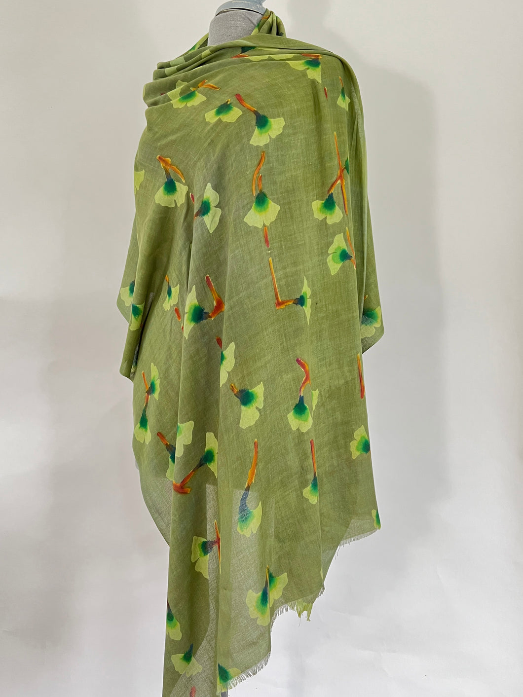Hand Painted Silk Gingko Leaves Scarf/Wrap in Olive Green