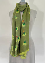 Load image into Gallery viewer, Hand Painted Silk Gingko Leaves Scarf/Wrap in Olive Green
