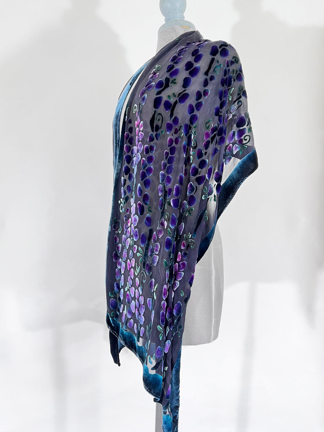 Velvet Scarf/Shawl Hand-Painted with Willows Pattern in black with Violet