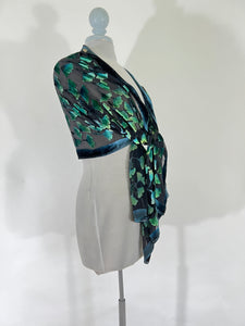 Velvet Gingko Leaves Scarf/Shawl in Black and Green