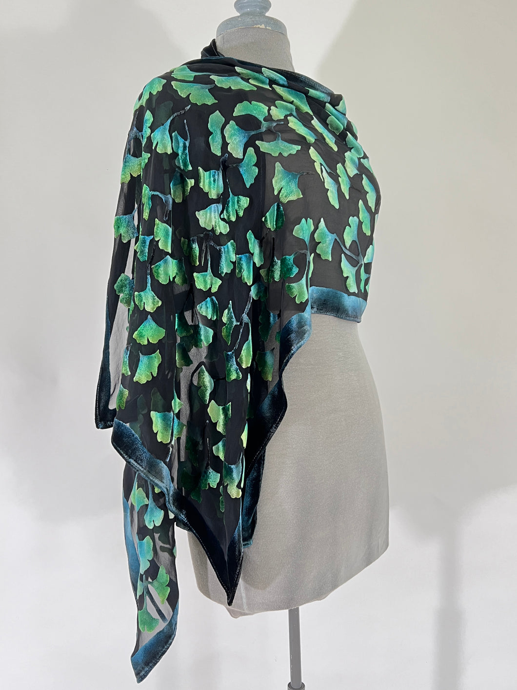 Velvet Gingko Leaves Scarf/Shawl in Black and Green