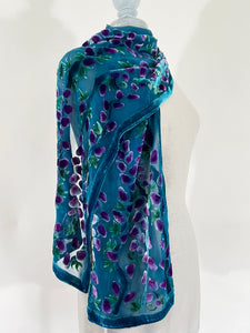 Velvet Scarf with Willows Pattern in Turquoise