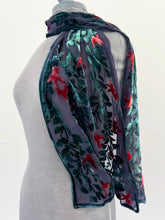 Load image into Gallery viewer, Hand-Painted Devoré Velvet Scarf — Hummingbirds in Branches in Charcoal
