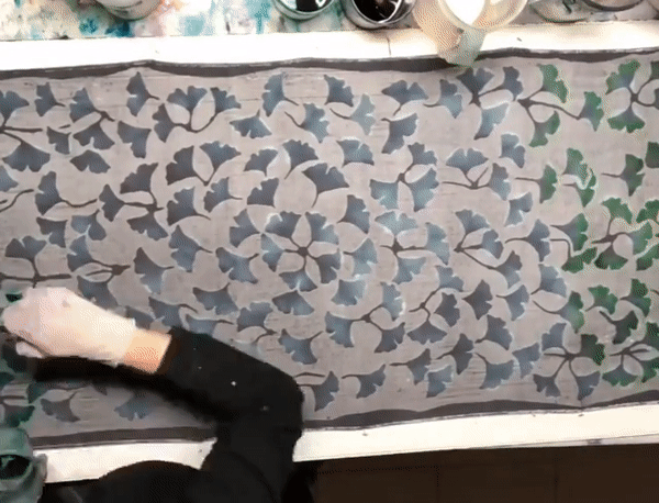 Painting ginkos on scarves