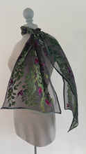 Load and play video in Gallery viewer, Hand-Painted Devoré Velvet Scarf — Hummingbirds in Branches in Black
