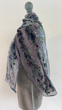 Load and play video in Gallery viewer, Hand-Painted Devoré Velvet Scarf — Hummingbirds in Branches in Silver Gray
