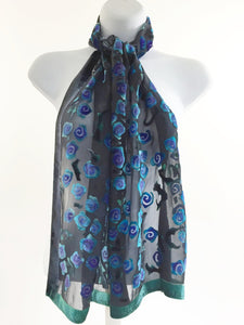 Velvet Scarf with Roses Pattern in Black and Purple.