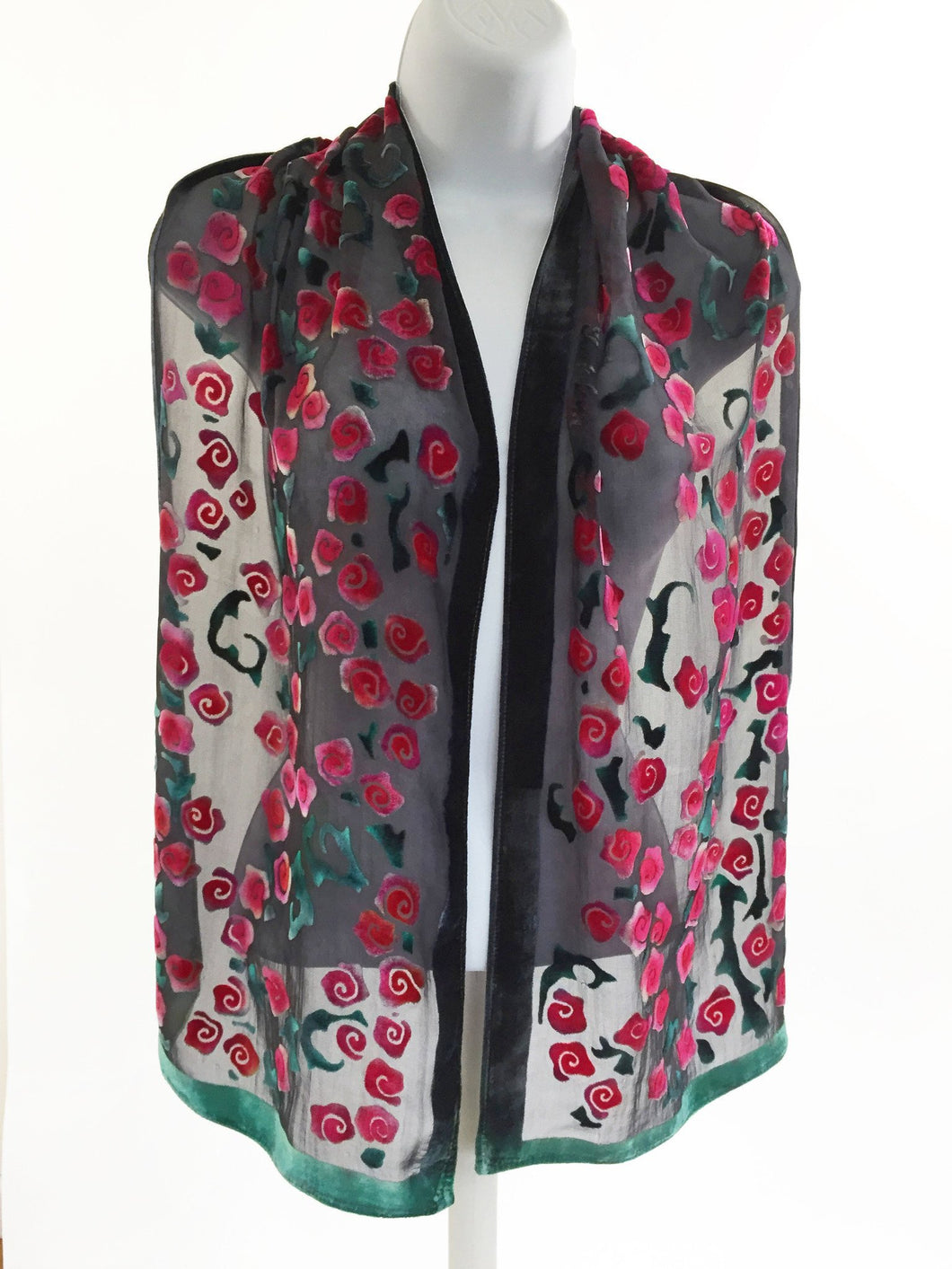 Velvet Scarf with Roses Pattern in Black and Red.