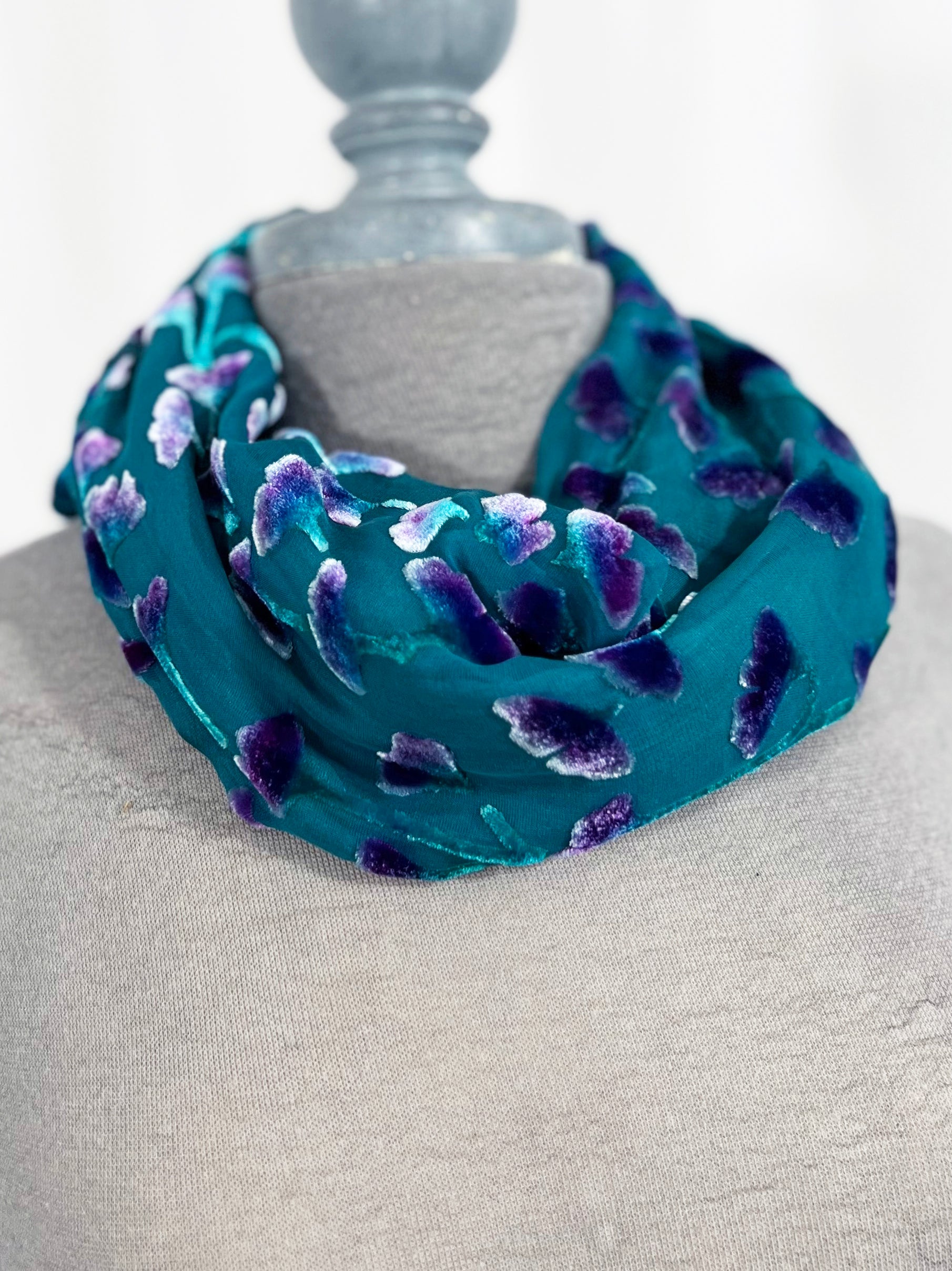 Hand Painted Silk online Velvet Scarf, Dyed Turquoise Blue 13