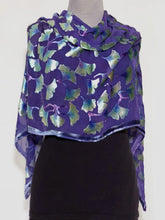 Load image into Gallery viewer, Burnout Velvet Poncho in Purple with Hand-Painted Green Gingko Leaves
