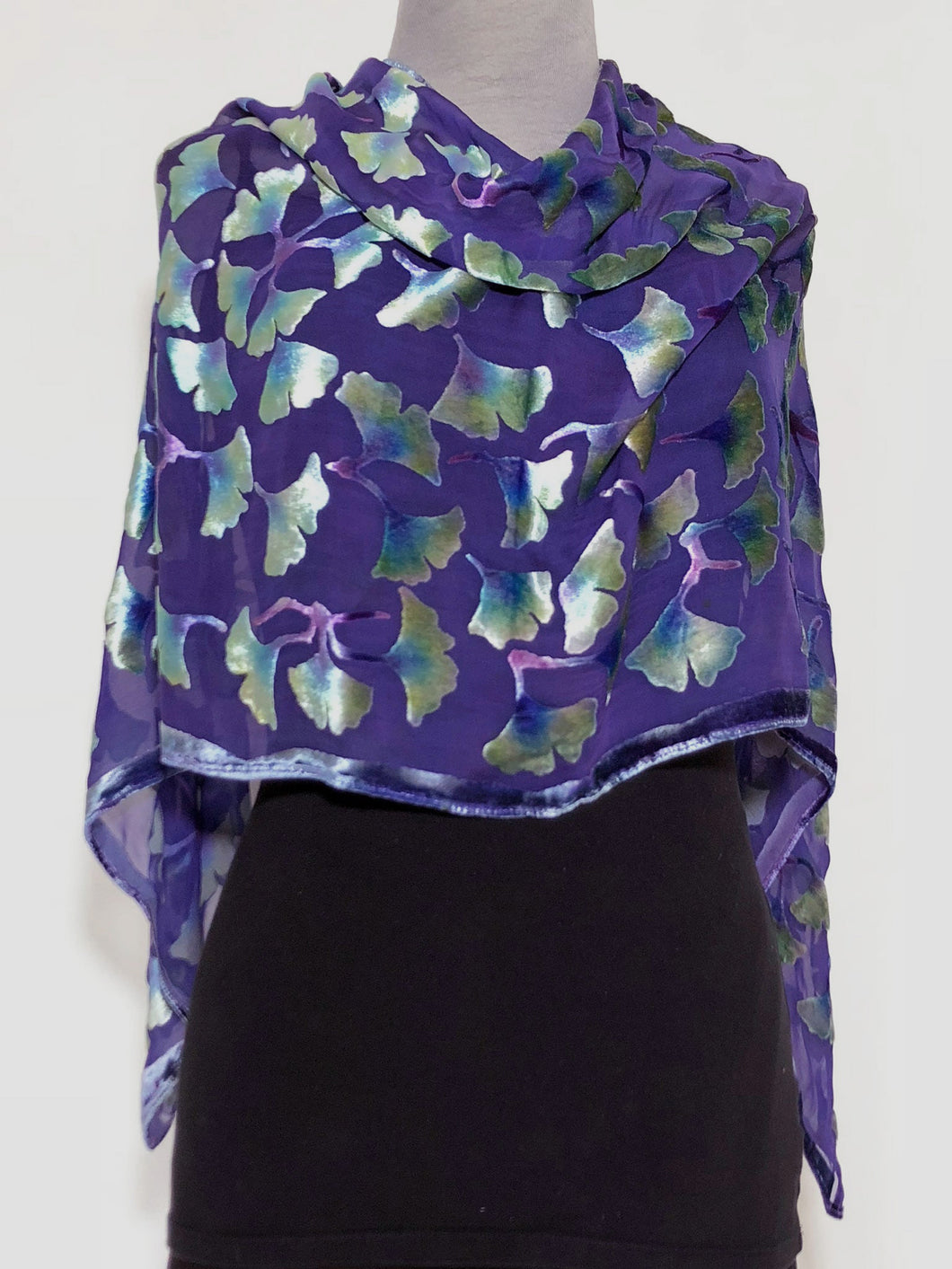 Burnout Velvet Poncho in Purple with Hand-Painted Green Gingko Leaves