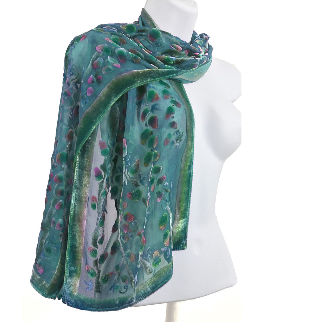 Velvet Scarf with Willows Pattern in Teal