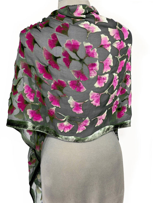 Berry flower with dark gray bac ground devoré velvet large scarf by Sherit levin  Edit alt text
