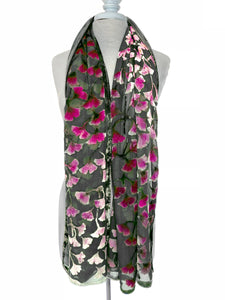 Berry flower with dark gray bac ground devoré velvet large scarf by Sherit levin