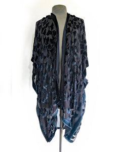 Black Velvet on Black Silk Chiffon Gingko Leaves Kimono-Sherit Levin