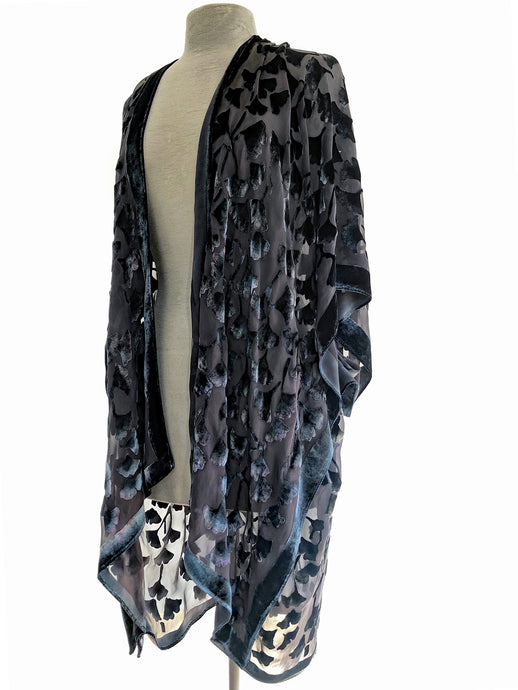Black Velvet on Black Silk Chiffon Gingko Leaves Kimono-Sherit Levin