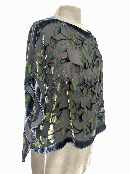 Black with Gingko Leaves Velvet Poncho Top-Sherit Levin