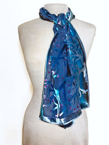 Blue Velvet Scarf of  Branches with Rain Drops Pattern