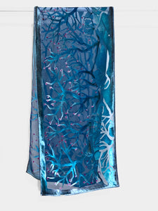 Blue Velvet Scarf of  Branches with Rain Drops Pattern