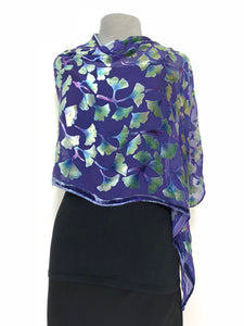 Burnout Velvet Poncho in Purple with Hand-Painted Green Gingko Leaves-Sherit Levin