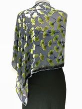Load image into Gallery viewer, Burnout Velvet Shawl in Black with Hand-Painted Green Gingko Leaves-Sherit Levin
