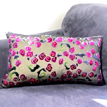 Load image into Gallery viewer, rectangular burnout silk velvet pillow with hand painted magenta roses  on gray background
