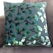 Load image into Gallery viewer, 16" square burnout silk velvet pillow with hand painted gingko leaves pattern on gray background
