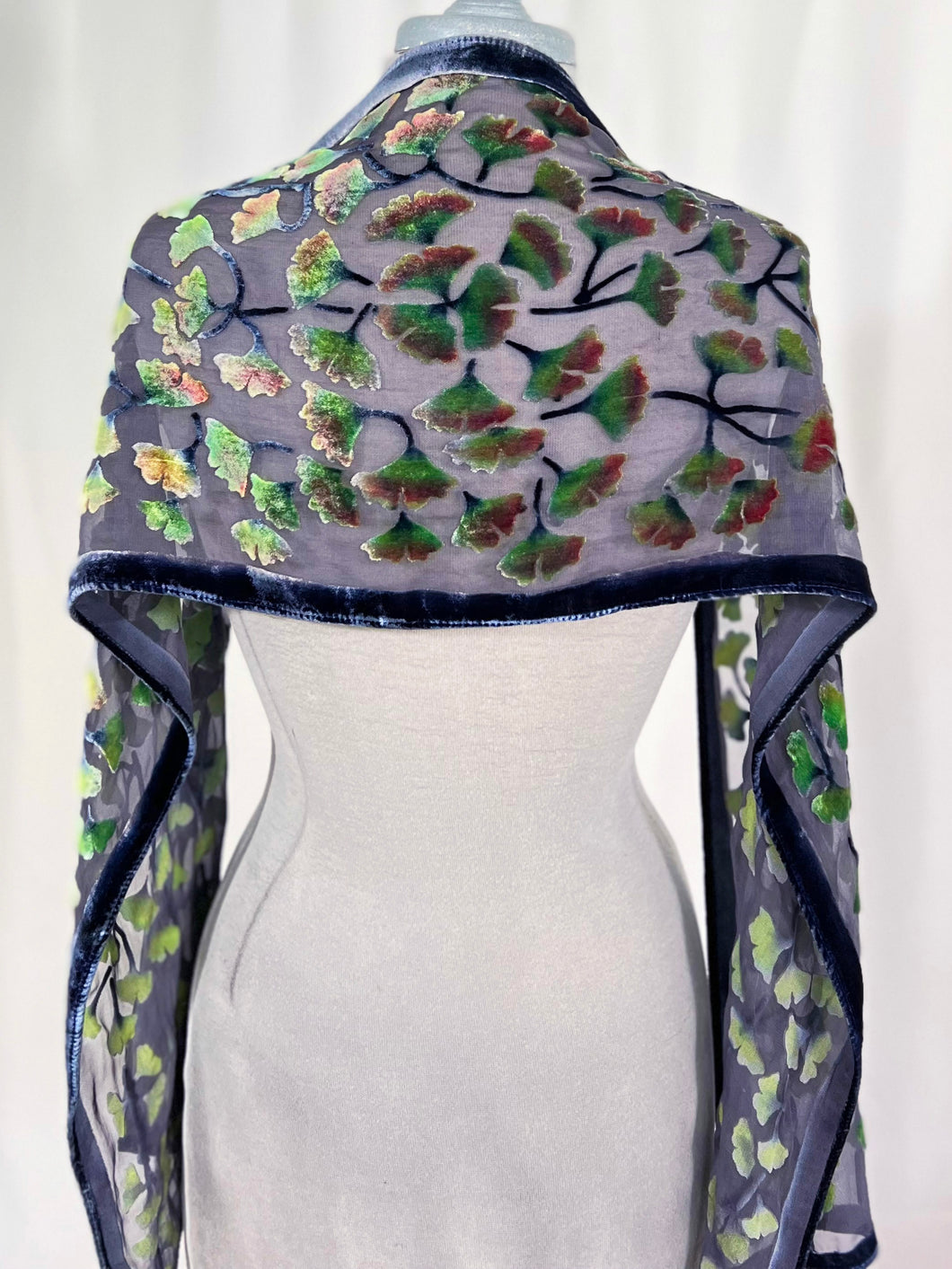 Velvet Devoré Gingko Leaves in Black with Green