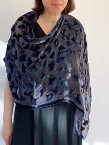 Gray tones and Black Velvet Shawl/Scarf with Hand-Painted Gingko Leaves