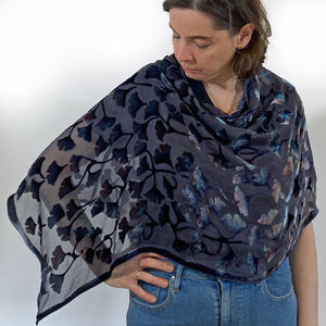 Gray tones and Black Velvet Shawl/Scarf with Hand-Painted Gingko Leaves-Sherit Levin