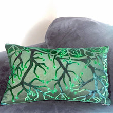 Load image into Gallery viewer, Green rectangular burnout silk velvet pillow with hand painted pattern of tree branches

