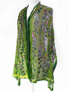 Green Velvet Burnout Scarf/Shawl with Willow branches Pattern-Sherit Levin