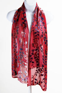 Velvet Scarf with Willow Branches in Red