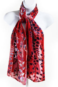 Velvet Scarf with Willow Branches in Red