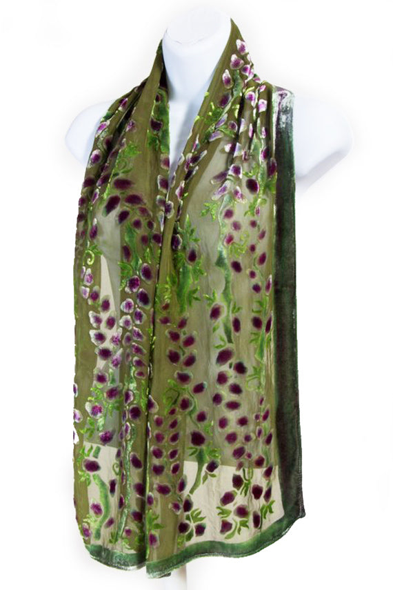 Burnout Velvet Scarf with Willows pattern in Olive Green