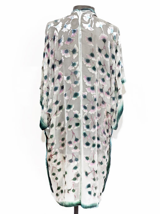 Ivory White Velvet Kimono with Painted Gingko Leaves-Sherit Levin