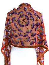 Load image into Gallery viewer, Orange and Purple Velvet Scarf/Shawl with Ginkgo Leaves
