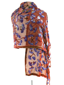 Orange and Purple Velvet Scarf/Shawl with Ginkgo Leaves
