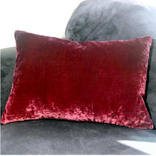 Load image into Gallery viewer, red burgundy sold silk velvet back of rectangular pillow
