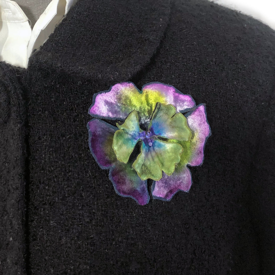 Purple and Green Silk Velvet Flower Pin, Hair Clip-Sherit Levin