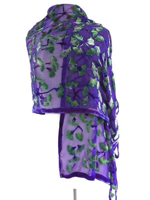 Purple Burnout Velvet Gingko Leaves Scarf/Shawl-Sherit Levin
